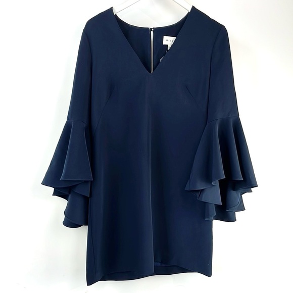 Milly Nicole Navy Italian Cady Bell Sleeve Shift Dress - Picture 2 of 11